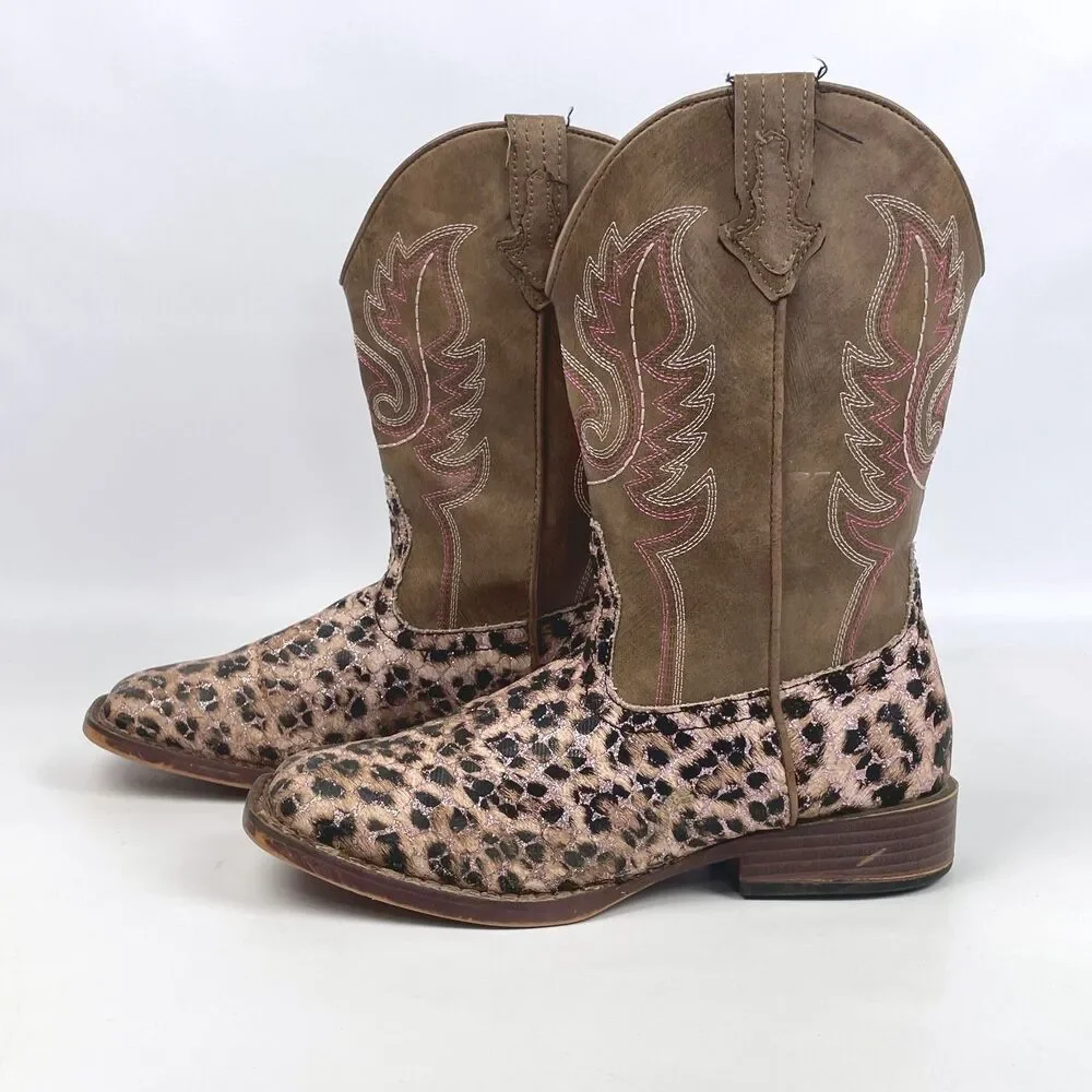 ROPER Little Kids Girls Size 3 Glitter Leopard Square Toe Western Cowboy Boots